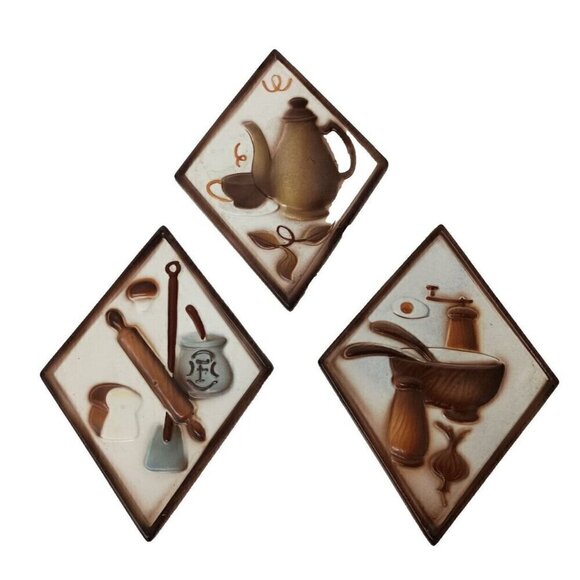 VTG Lefton Ceramic Diamond Kitchen Wall Plaque Set Raised Hanging Wall Decor MCM